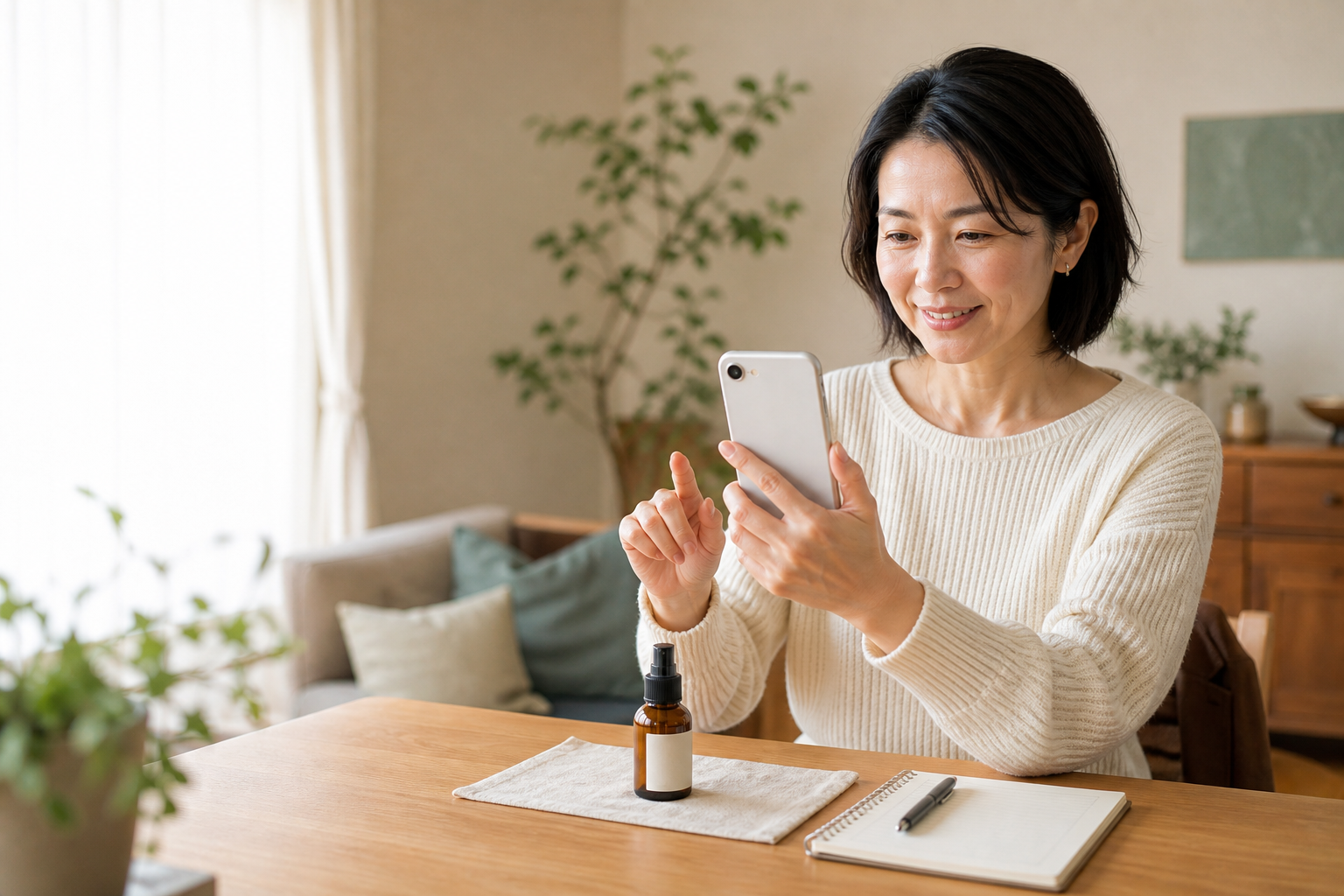 自宅でスマートフォンを使い商品紹介を学ぶ女性