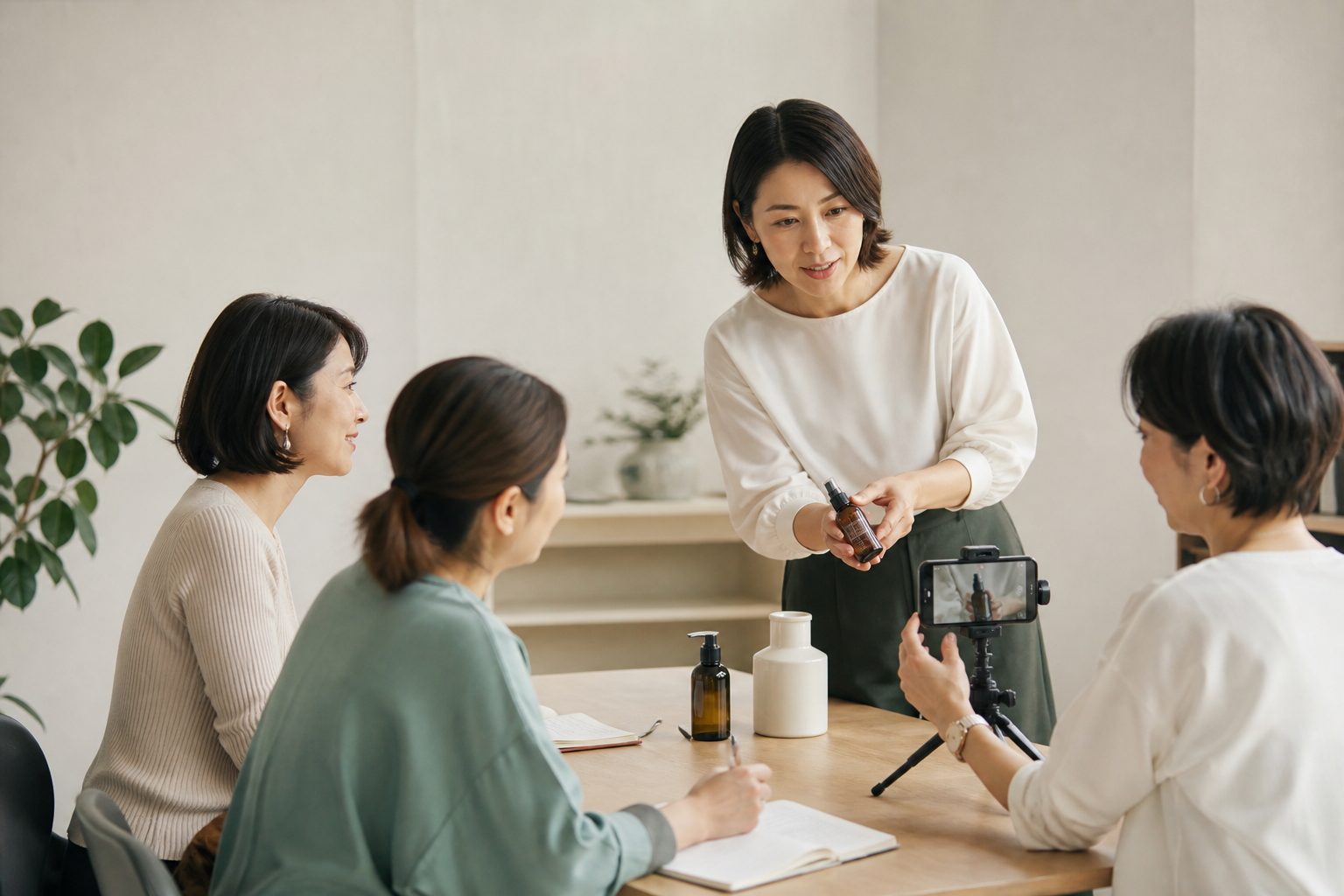 少人数の実践会でスマートフォンの商品動画を撮影する参加者
